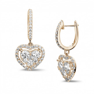 Orecchini - Orecchini a forma di cuore da 1,35 carati in oro rosso con diamanti rotondi