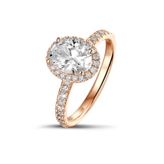 エンゲージリング - 1.00Ct halo ring in red gold with oval diamond