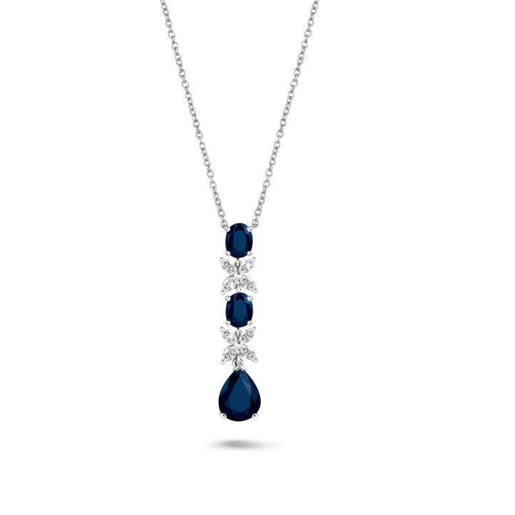Diamond necklace with one pear shaped and two oval sapphires in white gold