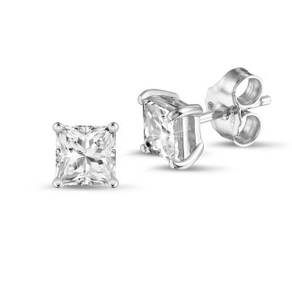 イヤリング - 2.00 carat solitaire princess cut diamond earrings in white gold