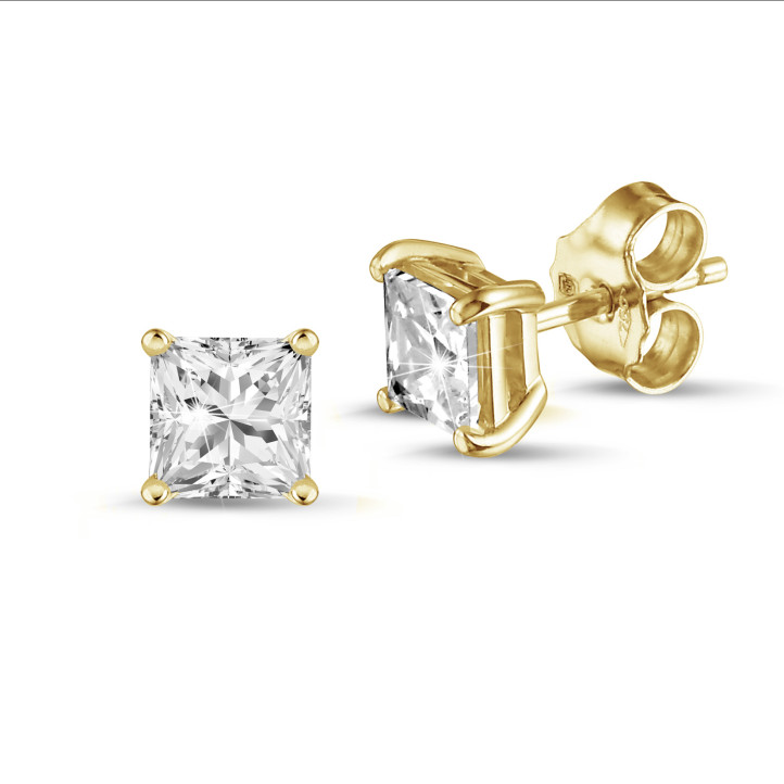 2.00 carat solitaire princess cut diamond earrings in yellow gold