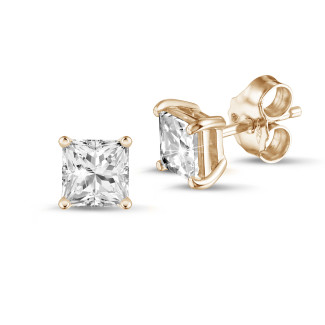 イヤリング - 2.00 carat solitaire princess cut diamond earrings in red gold