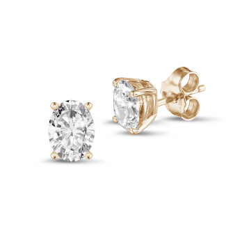 イヤリング - 2.00 carat solitaire oval cut diamond earrings in red gold