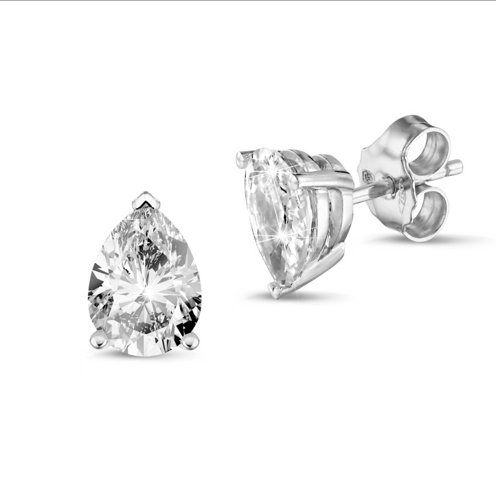 2.00 carat solitaire pear cut diamond earrings in white gold
