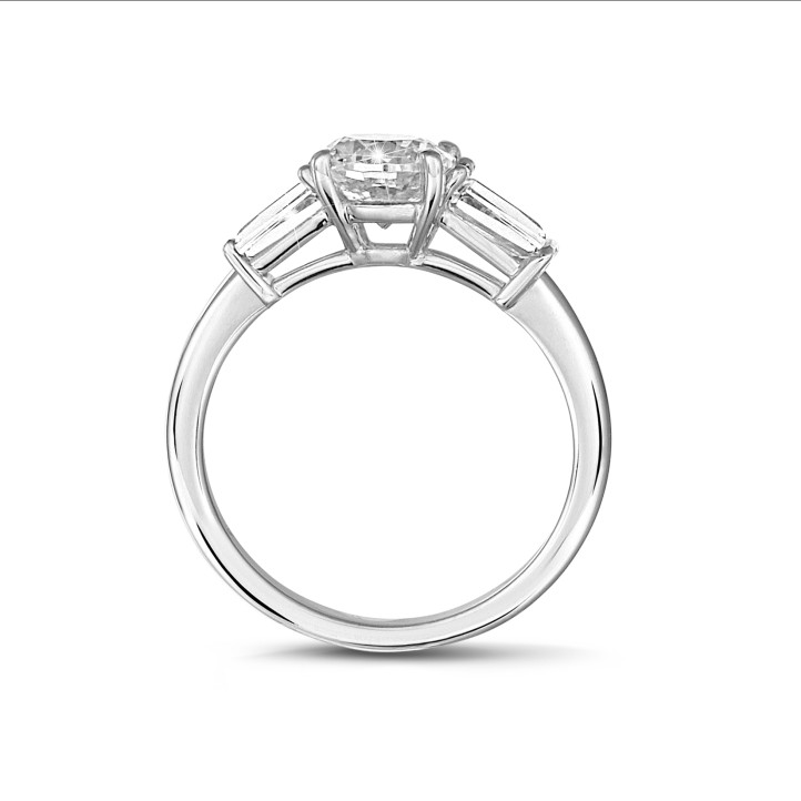 1.00 carat trilogy ring in white gold with a cushion diamond and tapered baguettes