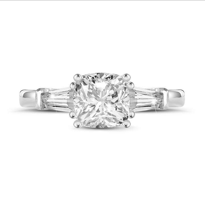 1.00 carat trilogy ring in white gold with a cushion diamond and tapered baguettes