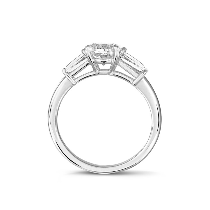 1.00 carat trilogy ring in platinum with pear diamond and tapered baguettes