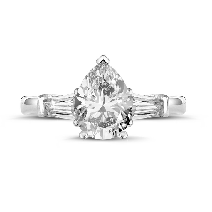 1.00 carat trilogy ring in platinum with pear diamond and tapered baguettes