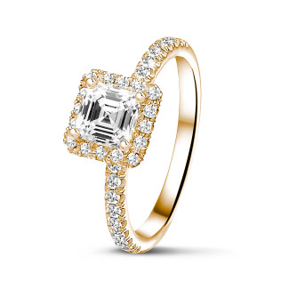 1.50 carat solitaire halo ring with an asscher cut diamond in red gold and round diamonds