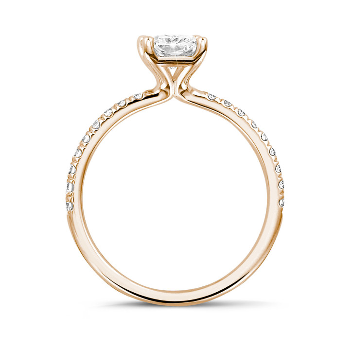 1.00 carat solitaire ring with a radiant cut diamond in red gold with side diamonds