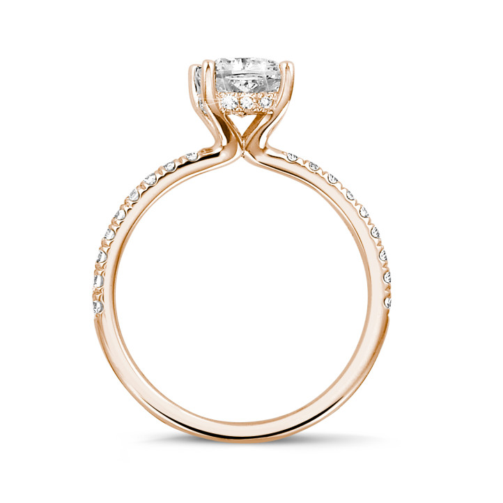 2.00 carat solitaire ring with a cushion diamond and hidden halo in red gold