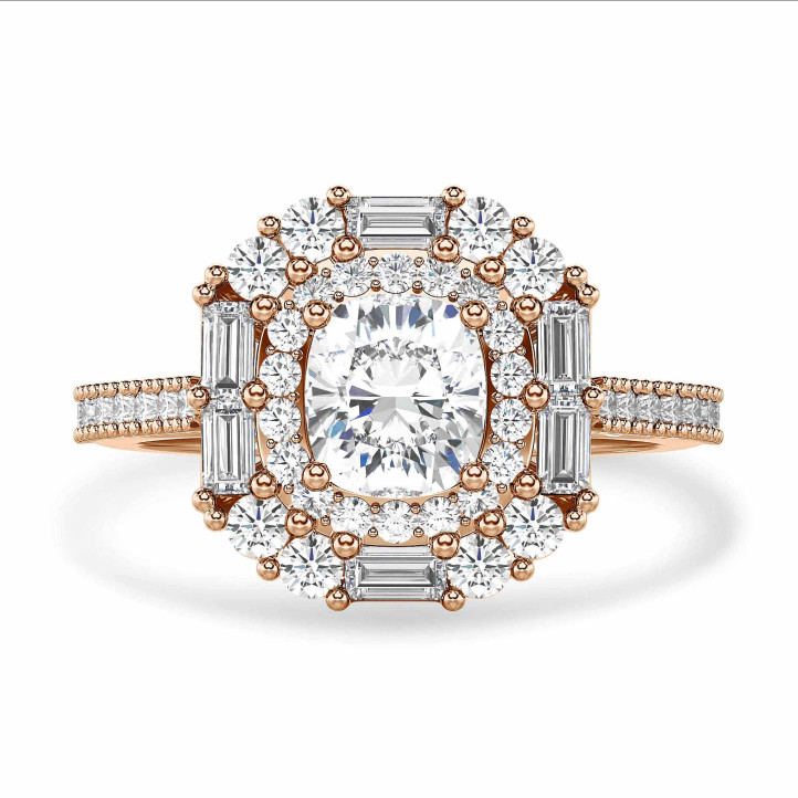 Bespoke cushion diamond ring with double halo design