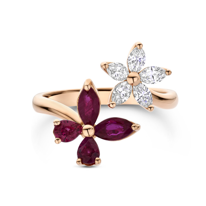 Flower and Butterfly combination ring with Diamonds and Rubies in red gold
