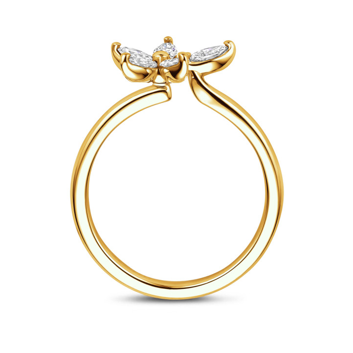 Toi & Moi Flower Ring with Marquise cut Diamond Petals in yellow gold