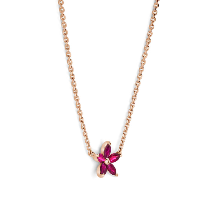 Flower Pendant with Marquise cut Red Ruby Petals in red gold