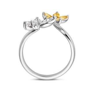 リング - Flower and Butterfly combination ring with Diamonds and Yellow Sapphires in white gold