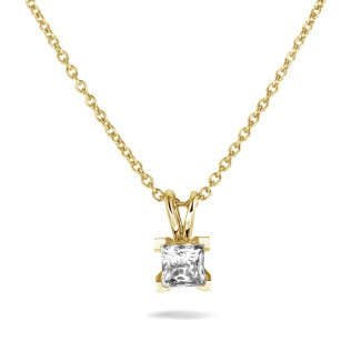 ネックレス - 1.00 カラットのプリンセスダイヤモンド付きイエローゴールドソリテールペンダント