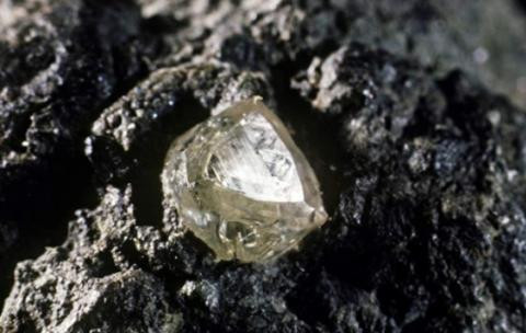 黒い岩肌に埋まった未研磨のダイヤモンド原石、透明感のある結晶と角ばった自然な八面体形状