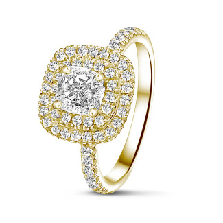 1.00캐럿 솔리테어 더블 헤일로 링, 옐로우 골드 쿠션 다이아몬드 세팅