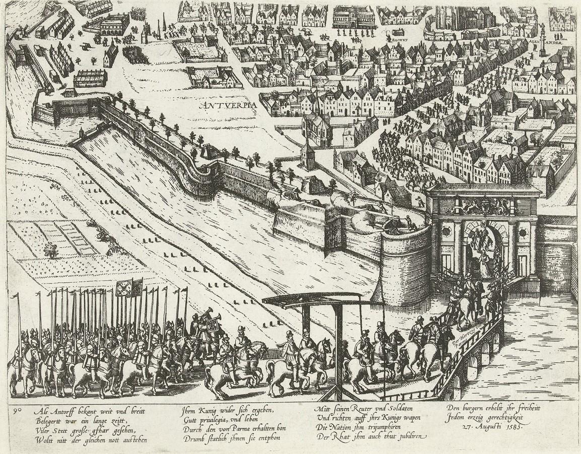 Het Spaanse leger van de hertog van Parma rijdt Antwerpen binnen, na de val - BAUNAT.