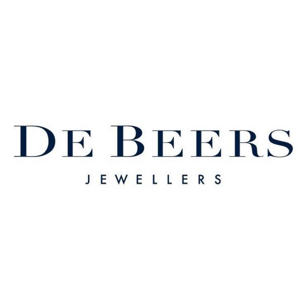 Logotipo de De Beers Jewellers en tipografía azul marino sobre fondo blanco