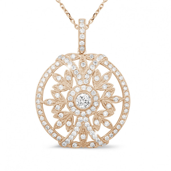 Roségouden hanger met opengewerkte ronde bloemvorm, pavé gezette diamanten en centrale briljant