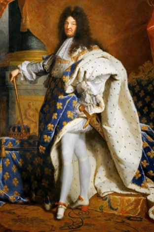 Koning Lodewijk XIV draagt zijn Le Bleu de France diamant voordat deze werd gestolen.