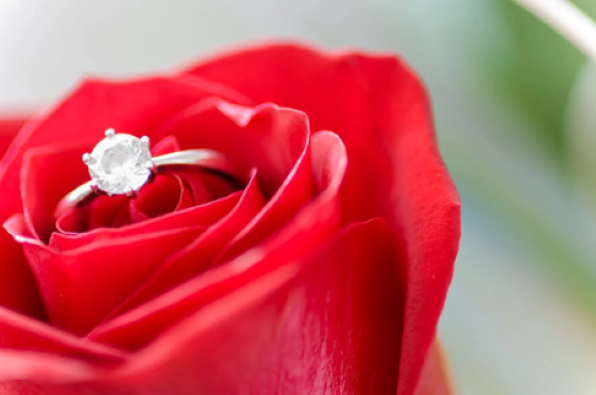 engagement ring hidden in a bouquet of flowers