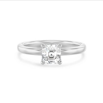An elegant Asscher cut diamond is displayed prominently, showcasing its exquisite facets and clarity.