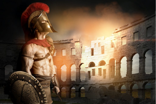 Een Romeinse gladiator, gekleed in indrukwekkend harnas, ingebed met diamanten, aangezien deze edelstenen werden geloofd om Romeinse krijgers te beschermen tegen schade.