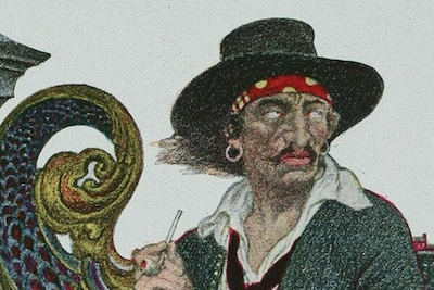 un pirate portant des boucles d'oreilles créoles en or comme forme d'assurance, croyant que l'or pourrait couvrir les frais funéraires si son corps s'échouait sur le rivage après être mort en mer