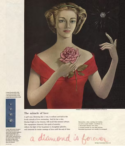 publicité vintage mettant en scène une femme tenant une rose et pointant un diamant, connue pour la célèbre campagne « a diamond is forever » de De Beers