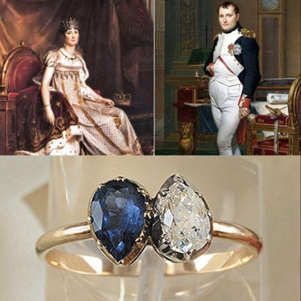 Napoleons berühmter Saphir-Verlobungsring im Toi & Moi-Design, der einen tropfenförmigen Saphir und einen tropfenförmigen Diamanten zeigt. 