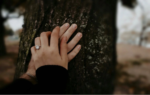 femme tenant la main de son mari après qu'il ait caché sa bague de fiançailles dans un tronc d'arbre
