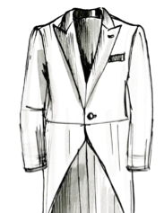 Un elegante schizzo di un abito bianco abbinato a una cravatta classica, perfetto per un evento con dress code white tie.