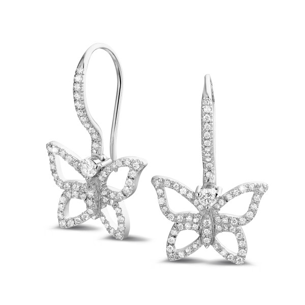Orecchini a farfalla in oro bianco con diamanti pavé, design elegante e traforato