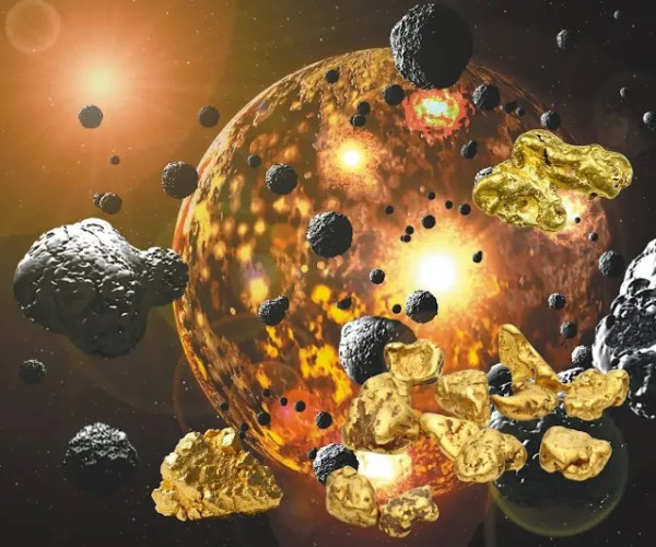 Gioielli in oro che fluttuano nello spazio, mettendo in risalto le loro origini dalla nucleosintesi delle supernove e dalle collisioni di stelle di neutroni.