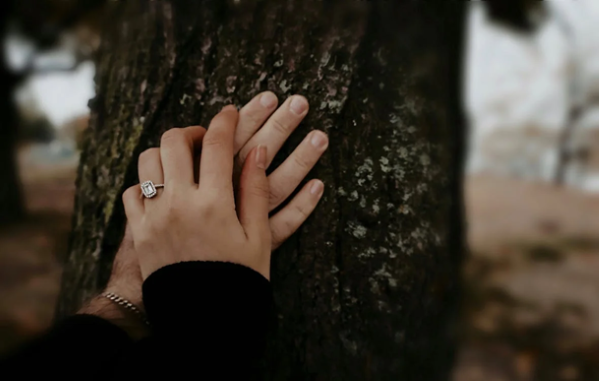 Donna che tiene la mano del marito dopo che lui le ha nascosto l'anello di fidanzamento nel tronco di un albero