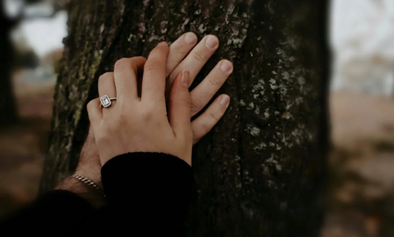 Frau hält die Hand ihres Partners, nachdem er den Verlobungsring im Halsband ihres Haustieres versteckt hat