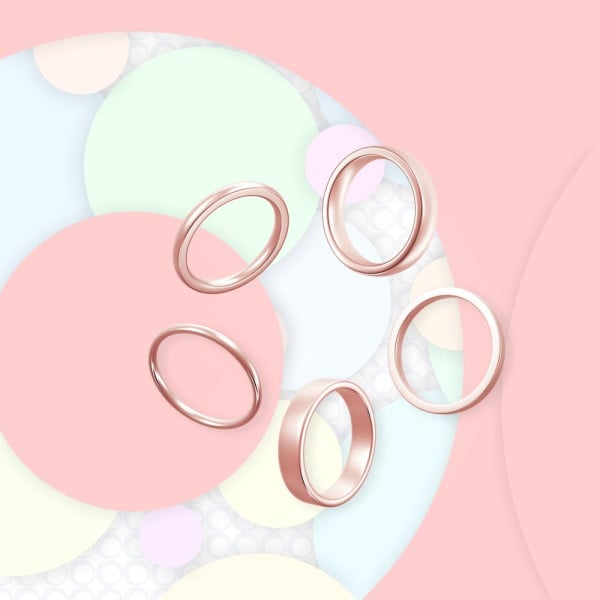 핑크, 블루, 그린 컬러의 원이 겹쳐진 파스텔 컬러 배경에 다섯 개의 로즈 골드 링이 떠 있는 듯합니다