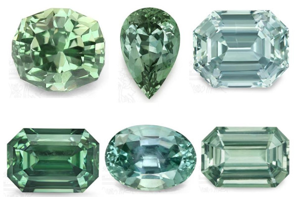 Green sapphires in different cuts  - Green sapphires cut in different shapes, e.g. for an engagement ring