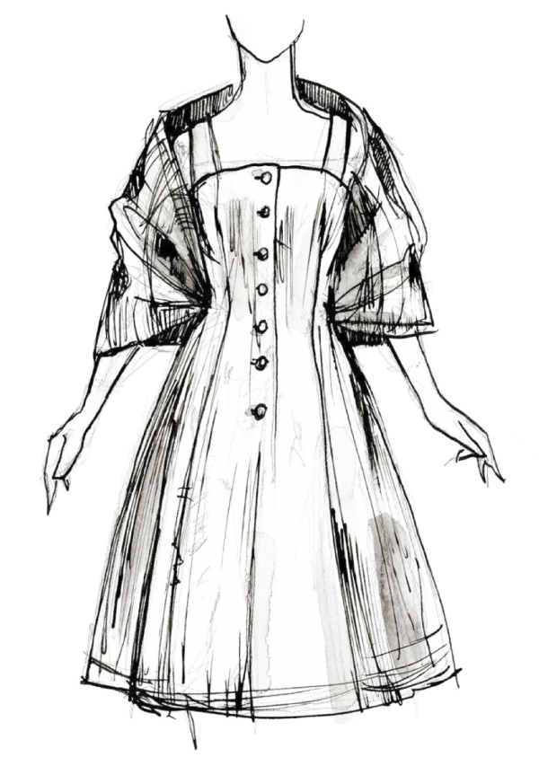 elegant sketch of a cocktail dress with long sleeves and a fashionable collar detail