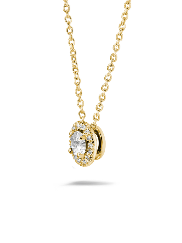 Yellow gold pendant necklace with oval diamond halo on a chain