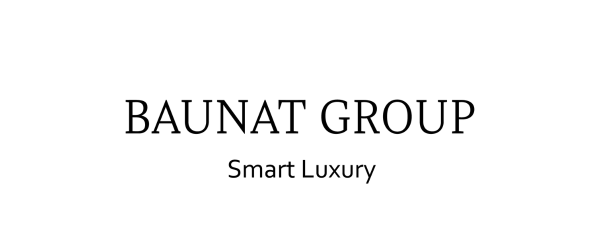 BAUNAT GROUP 黑白品牌标志，中央为大写英文名称，下方写有 Smart Luxury，极简企业宣传图