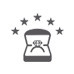 Icono de showroom con una silla y estrellas alrededor en color negro sobre fondo blanco