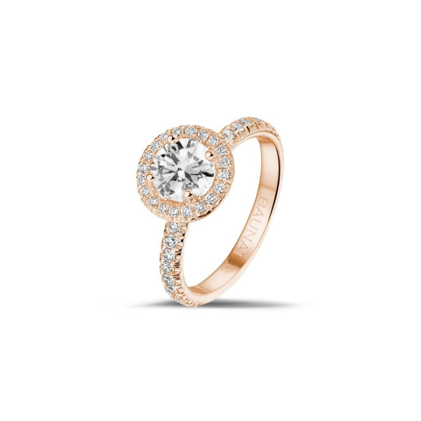1.00 karaat Halo solitaire ring in rood goud met ronde diamanten