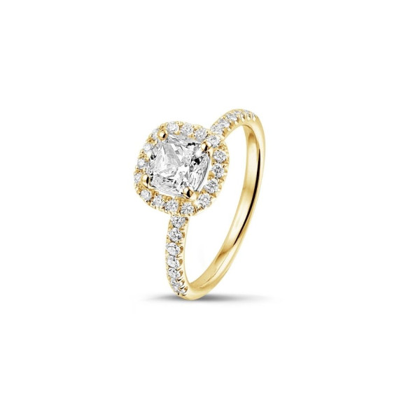 1.00 karaat Halo solitaire ring met een cushion diamant in geel goud met ronde diamanten