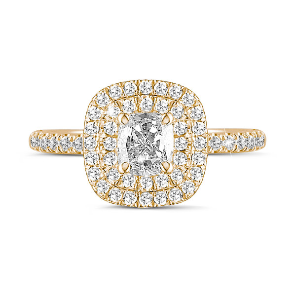 0.70 karaat solitaire dubbele halo ring met een cushion diamant in geel goud