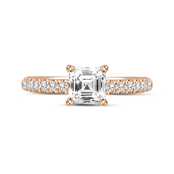 1.00 carat solitaire ring with an asscher cut diamond and hidden halo in red gold