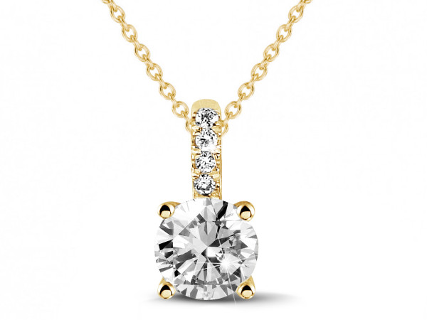 1.50 carat solitaire pendant in yellow gold with four prongs and round diamonds